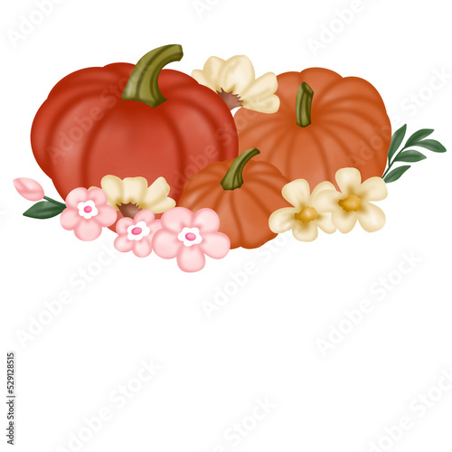 Pumpkins and autumn flowers with watercolour hand drawing. On isolated transparent background. Watercolor postcard  illustration