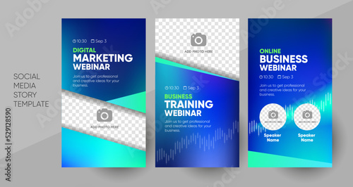 Business webinar social media story template. Background and illustration for social media banner post design in vector. Editable layout with a place for pictures.