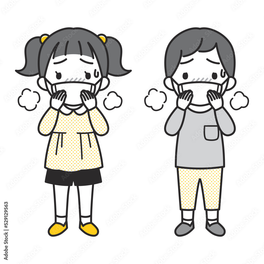 マスクをつけて発熱・息が苦しそうな表情の小さな女の子と男の子のイラスト(長袖・シンプル) マスクをつけて発熱・息が苦しそうな表情の小さな女の子と男の子のイラスト(長袖・シンプル)
