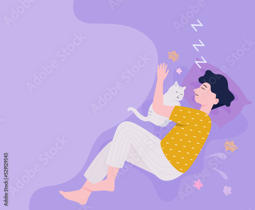 A man sleeping with his cat. healthy sleep concept. flat vector illustration.