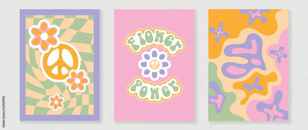 Collection of 70s wall art background vector. Set of retro wall decoration, cute groovy, flowers, peace, fonts, psychedelic. Vintage hippie poster for interior, decorative, banner, cover, wall design.