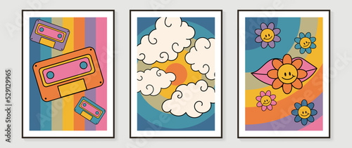 Collection of 70s wall art background vector. Set of retro wall decoration, groovy, smile flowers, cassette tapes, cloud. Vintage hippie poster for interior, decorative, banner, cover, wall design.