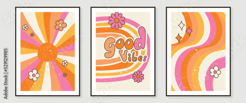 Collection of 70s wall art background vector. Set of retro wall decoration, groovy, flowers, colorful, fonts, sunshine. Vintage hippie poster for interior, decorative, banner, cover, wall design.
