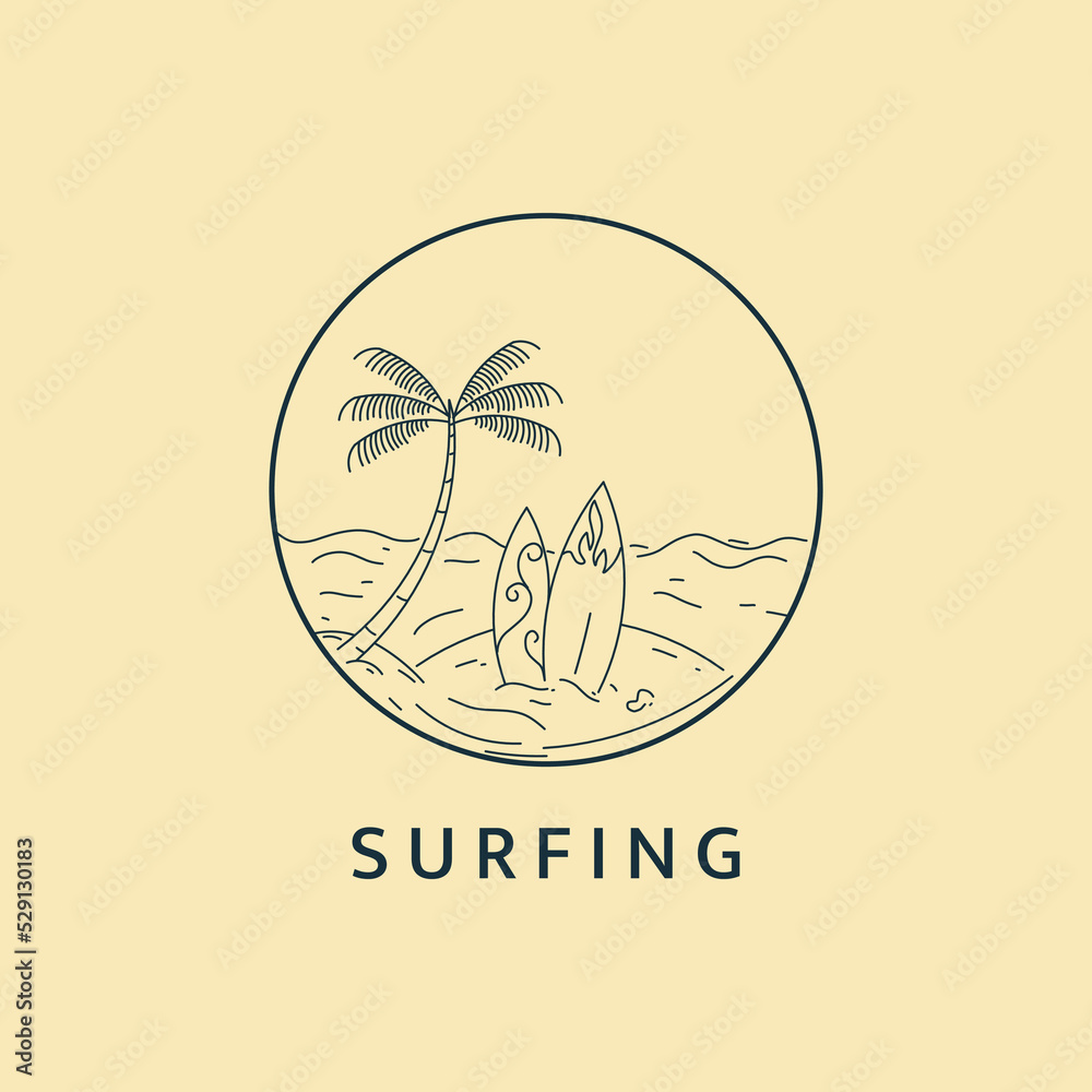 Minimalist surf logo line art illustration template design with circle