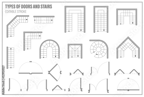 Door, stair for floor plan top view. Architectural element set for scheme of apartments. Kit of icons for interior project. Construction symbol, graphic design element, blueprint. Vector illustration