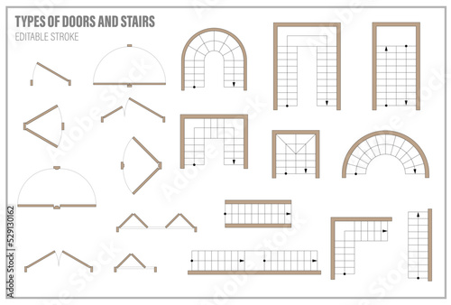 Set of doors and stairs for floor plan top view. Kit of icons for interior project. Architectural elements for scheme of apartments. Construction symbol, graphic design element, blueprint. Vector