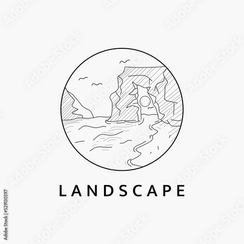 Minimalist beach landscape logo line art illustration template design