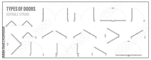 Set of doors for floor plan top view. Architectural kit of icons for interior project. Door for scheme of apartments. Construction symbol, graphic design element, blueprint, map. Vector illustration
