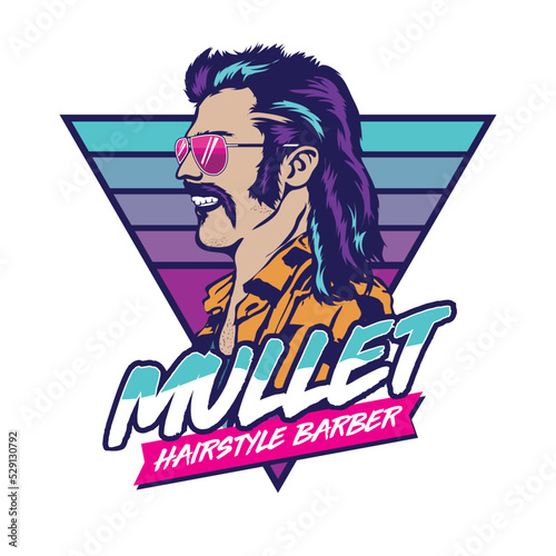 A man with mullet hair style and red neck shirt in retro style, good for club logo and tshirt design