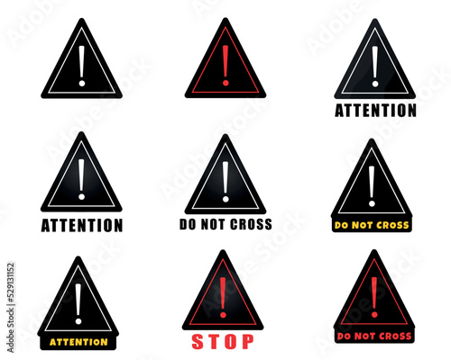 Set of triangular warning symbols with exclamation mark. Black color. Vector illustration