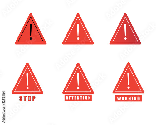 Set of red triangular warning symbols with exclamation mark. Vector illustration