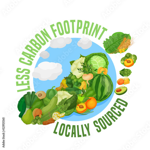 Locally grown concept with carbon footprint. Editable vector illustration