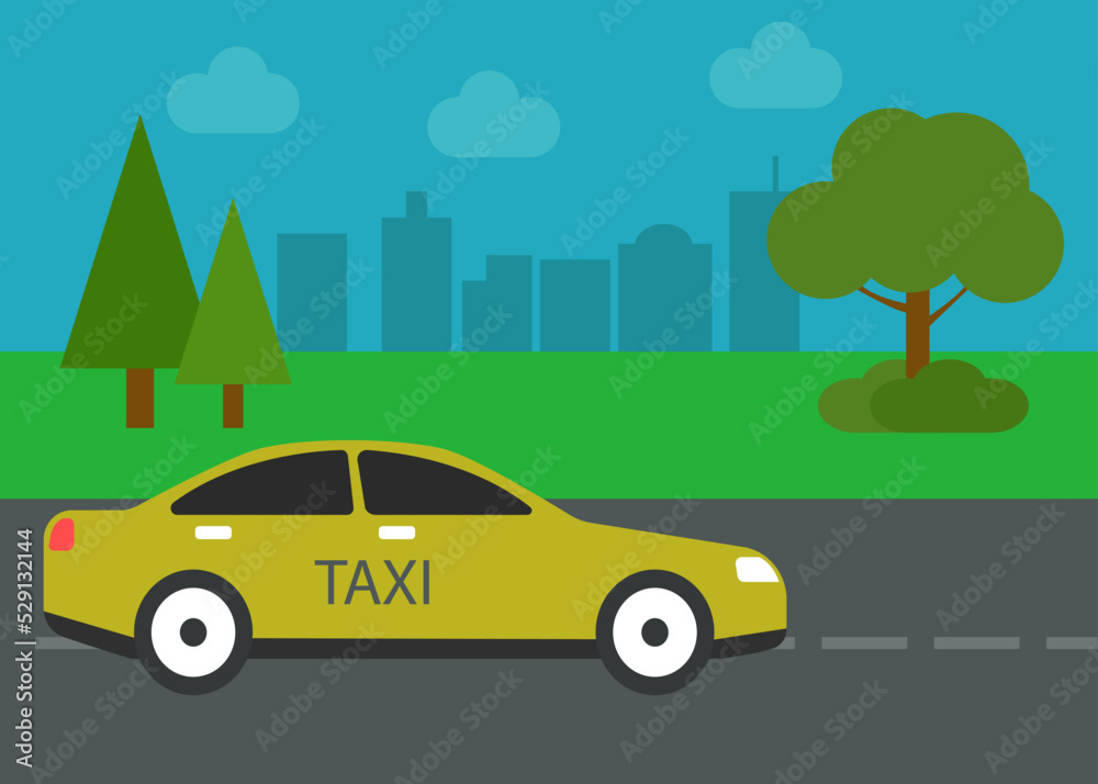 Ein Taxi Auto fährt über eine Straße, im Hintergrund sind grüne Bäume und eine große Stadt zu sehen, mit Wolkenkratzern.