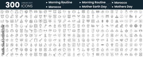 Set of 300 thin line icons set. In this bundle include morning routine, morocco, mother earth day, mothers day