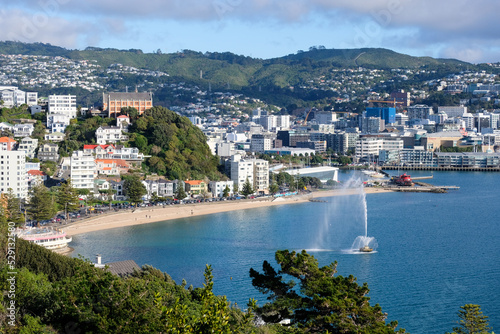 A beautiful view of Oriental Bay, water fountain and inner city beach and harbour in Capital Wellington, New Zealand Aotearoa photo
