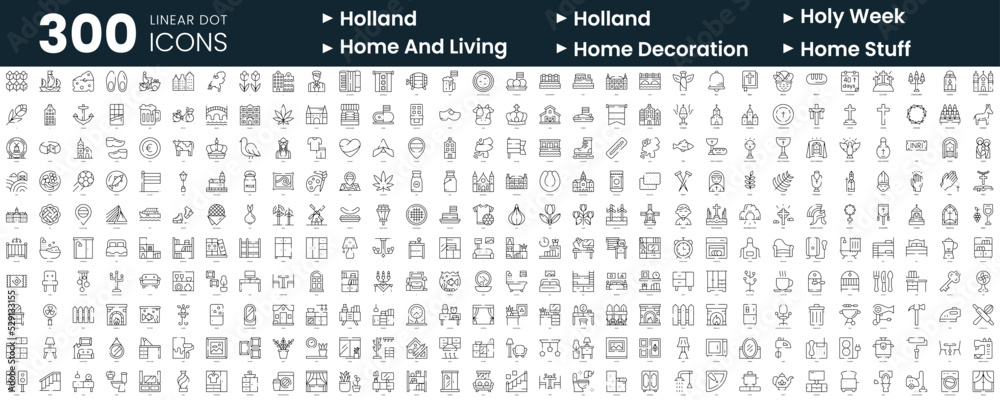Set of 300 thin line icons set. In this bundle include holland, holy week, home and living, home decoration, home stuff - obrazy, fototapety, plakaty 