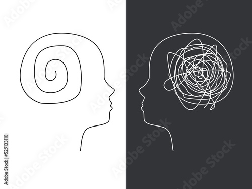 Two human heads silhouette with brain mental health psycho therapy, bipolar concept, therapist and patient, sign symbol vector illustration