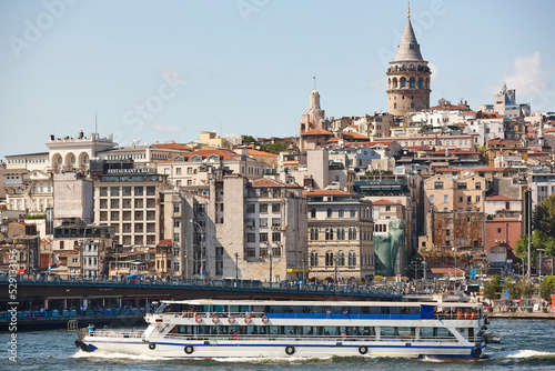Maritime traffic. Bosphorus strait in Istanbul. Galata tower. Turkey