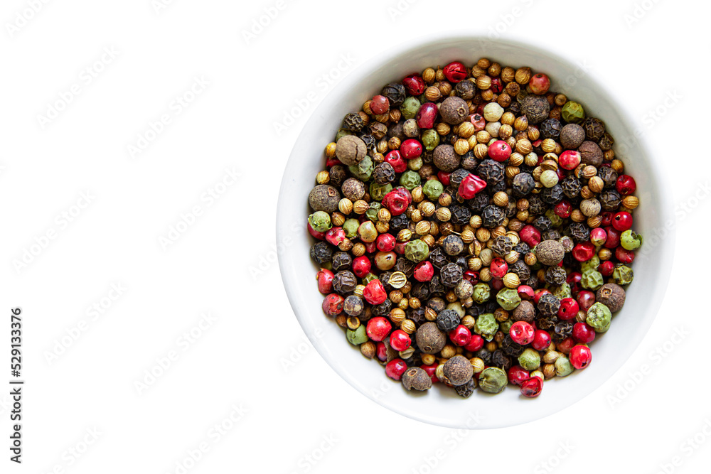 pepper peppercorn 5 spices red, black, green and white pepper, coriander food spice on the table copy space food background pepper peppercorn 5 spices red, black, green and white pepper, coriander food spice on the table copy space food background