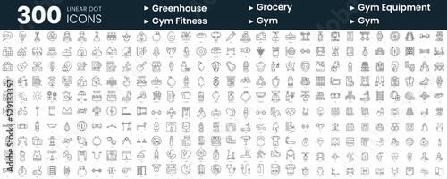 Set of 300 thin line icons set. In this bundle include greenhouse, grocery, gym equipment, gym fitness