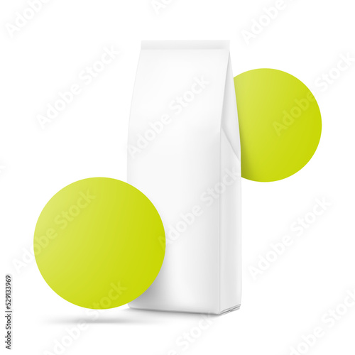 Realistic food bag mockup with colourful circles isolated on white background. The circles can have price, discount, weight, etc. A great basis for advertising for coffee, food, pets, households, etc.