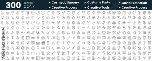 Set of 300 thin line icons set. In this bundle include cosmetic surgery, costume party, covid protection measures, creative process, creative tools