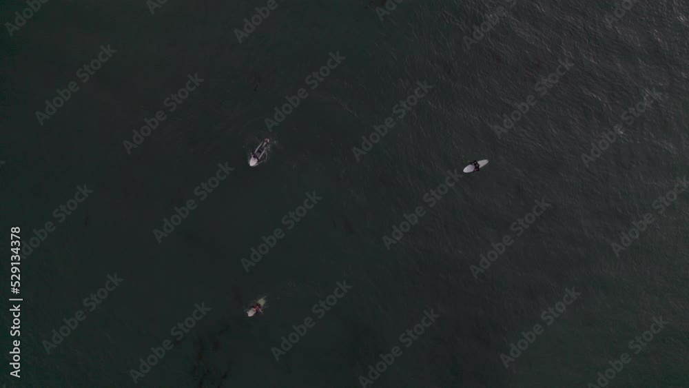 Aerial overhead of three surfers paddling for and surfing a wave.