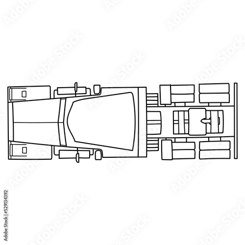 Old semi truck with sleeper towing engine transport. american tractor, top view. Vector doodle illustration	
