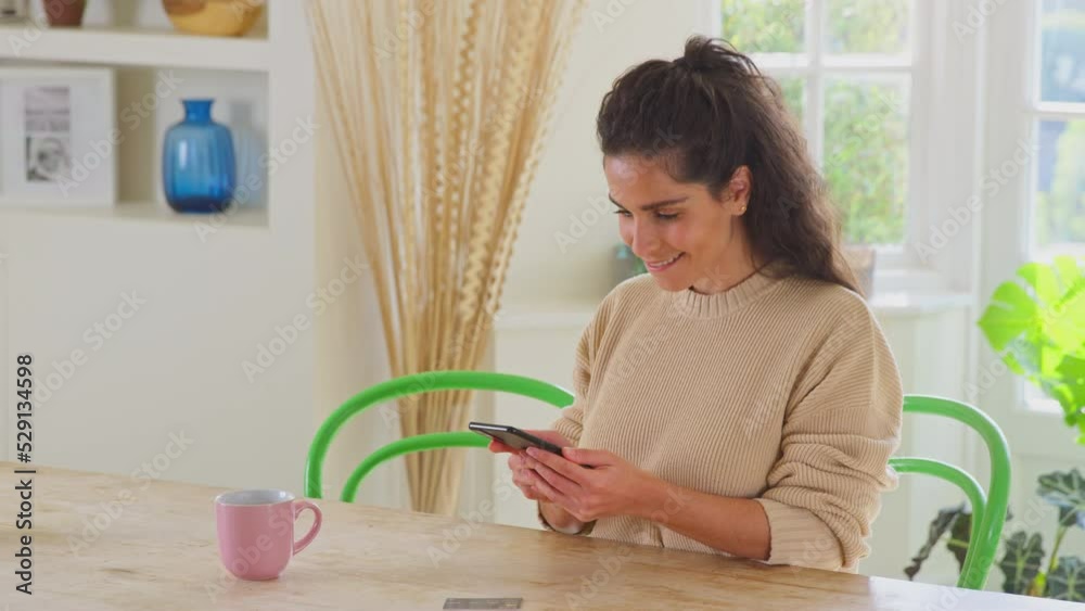 Celebrating woman with credit card at home using mobile phone to make dream purchase - shot in slow motion Celebrating woman with credit card at home using mobile phone to make dream purchase - shot in slow motion