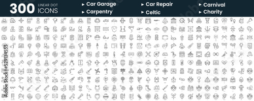 Set of 300 thin line icons set. In this bundle include career advancement, carnival, carpentry, car repair, celtic, charity