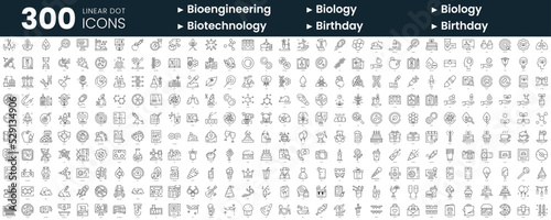 Set of 300 thin line icons set. In this bundle include bioengineering, biology, biotechnology, birthday photo