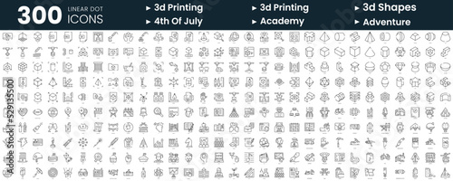Set of 300 thin line icons set. In this bundle include 3d printing, 3d shapes, 4th of july, academy, adventure
