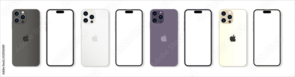 Vecteur Stock Apple iPhone 14 Pro and Apple iPhone 14 Max. Smart phone.  Different colors- Deep Purple, Gold, Silver, Space Black. Touch screen.  World technology. Kyiv, Ukraine - September 8, 2022 | Adobe Stock