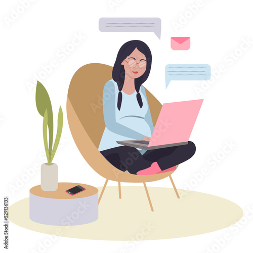 Young pregnant beautiful woman works at a laptop. The concept of working from home. Flat vector illustration
