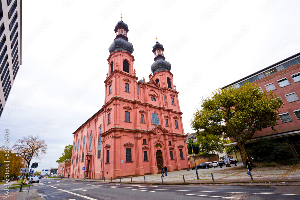 St.peter church in  Mainz city, Germany. The baroque hall church of St. Peter, a historic building of the modern era on the Large Bleach.
