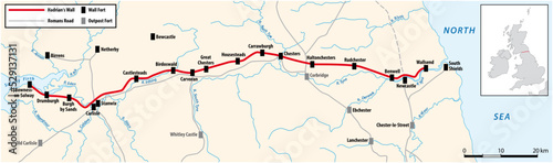 Map of the Roman border fortifications Hadrians Wall in United Kingdom