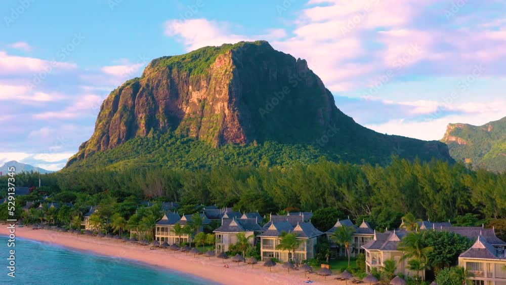 Aerial view of the lagoon and striking peak of Le Morne Brabant, island of Mauritius.