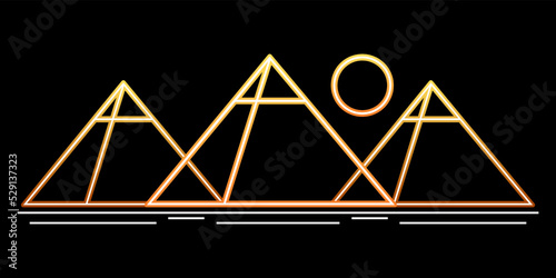 Golden yellow three pyramids egypt with sun neon light glowing outline icon logo vector design.