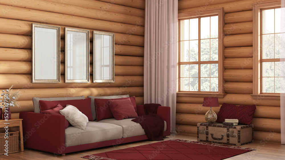 Wooden farmhouse log cabin in red and beige tones. Fabric sofa, carpet and windows. Frame mockup, rustic interior design
