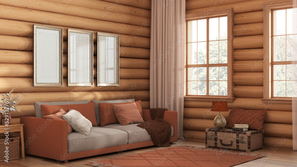 Wooden farmhouse log cabin in orange and beige tones. Fabric sofa, carpet and windows. Frame mockup, rustic interior design