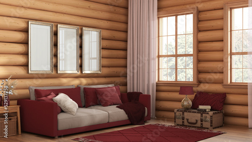 Wooden farmhouse log cabin in red and beige tones. Fabric sofa  carpet and windows. Frame mockup  rustic interior design