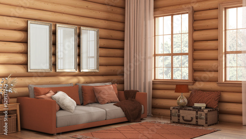 Wooden farmhouse log cabin in orange and beige tones. Fabric sofa  carpet and windows. Frame mockup  rustic interior design