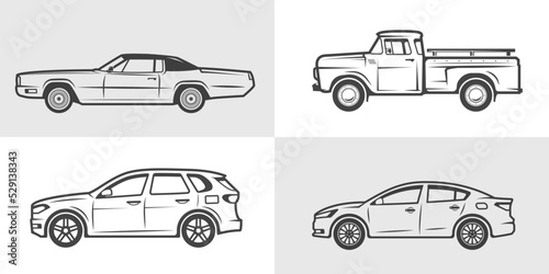 Сar in outline. Set of vector automobile icons. Retro and modern car sketches: pickup, sedan, SUV, convertible. Transport design element for car rental and repair shops, posters, logo or emblems.