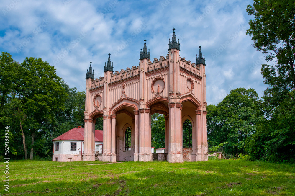 Fototapeta premium Ruins of neo-gothic Pac`s Palace in Dowspuda, settlement in Podlaskie voivodeship. Poland. The construction work began in 1820.