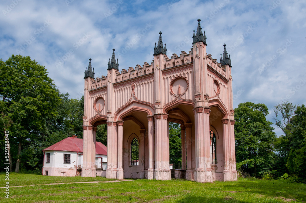 Ruins of neo-gothic Pac`s Palace in Dowspuda, settlement in Podlaskie voivodeship. Poland. The construction work began in 1820.