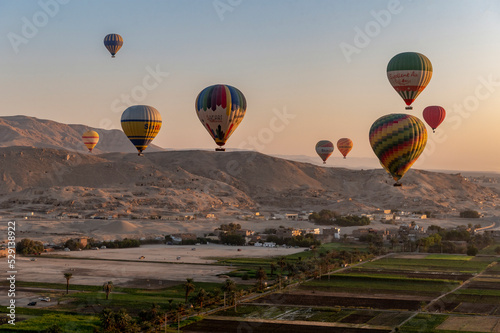 Luxor, Egypt.08.21.2022Balloons flying over the Luxor valley in Egypt