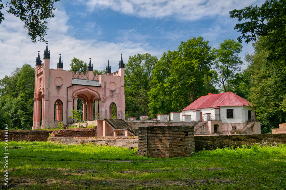 Ruins of neo-gothic Pac`s Palace in Dowspuda, settlement in Podlaskie voivodeship. Poland. The construction work began in 1820.