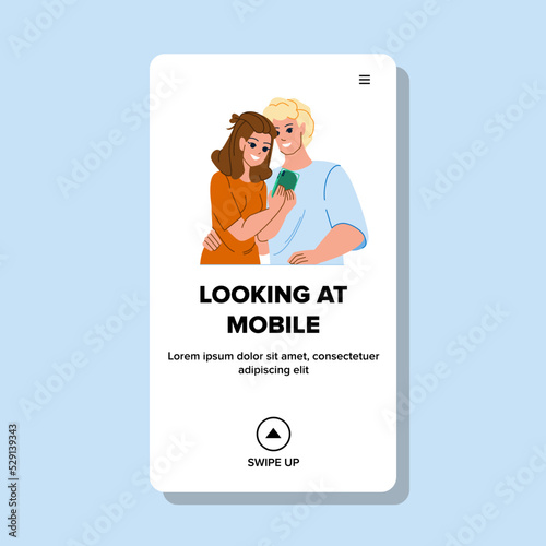 looking at mobile vector. phone smartphone, using business, happy person, technology businessman, smart looking at mobile character. people flat cartoon illustration photo