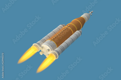 Spaceship with flame isolated on blue background photo