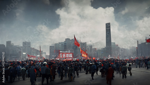Chinese Cultural Revolution. Huge Protest March, Demonstration in China. Thousands of People, generative AI